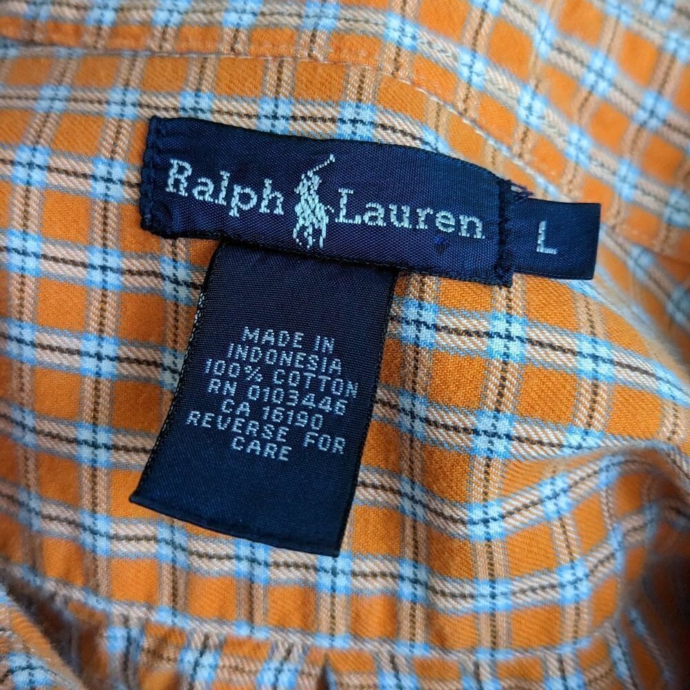 Ralph Lauren Large Men's Orange/White Check Long Sleeve Button Front Shirt - Picture 3 of 6
